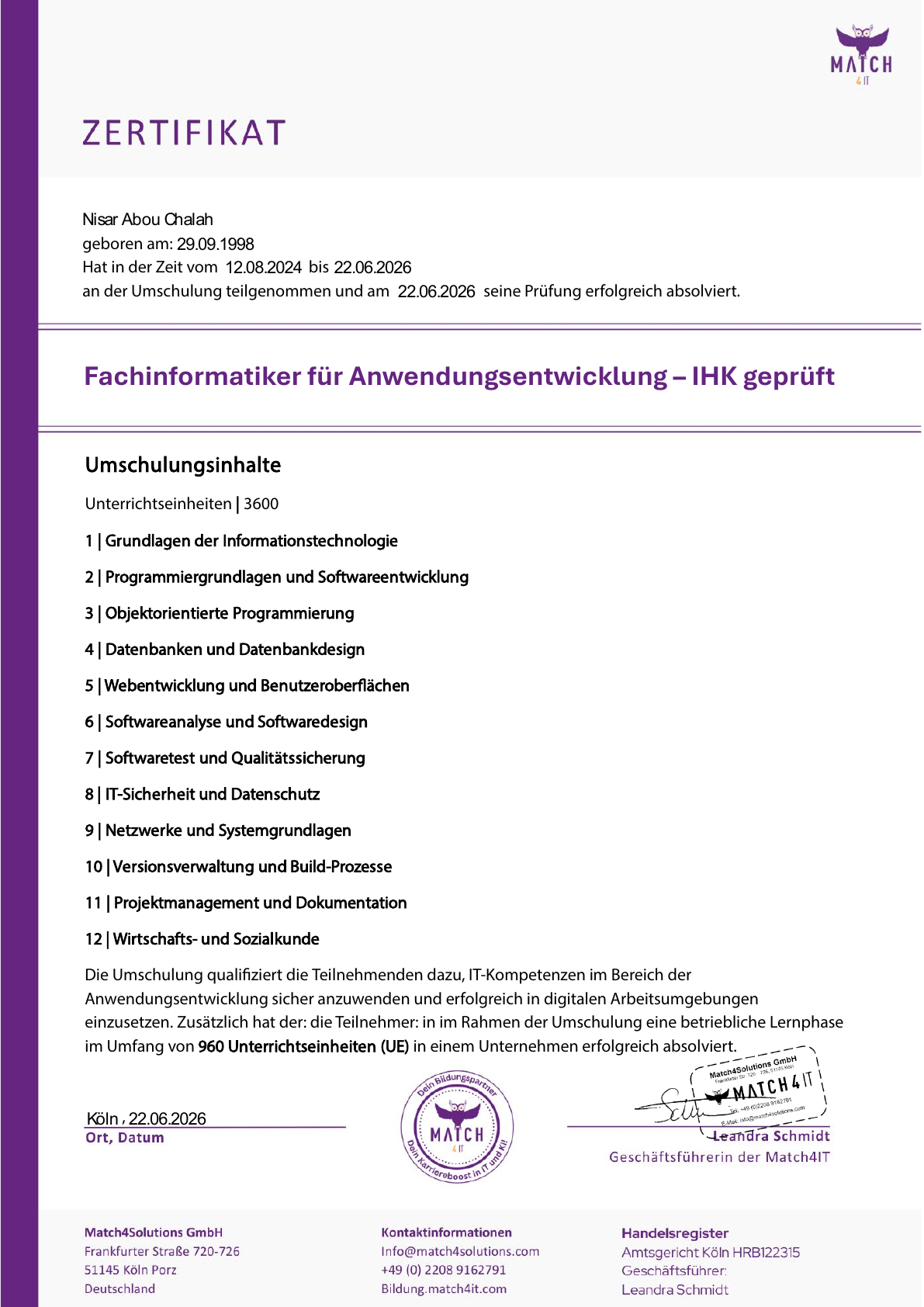 Dokumentvorschau: Umschulungszertifikat
