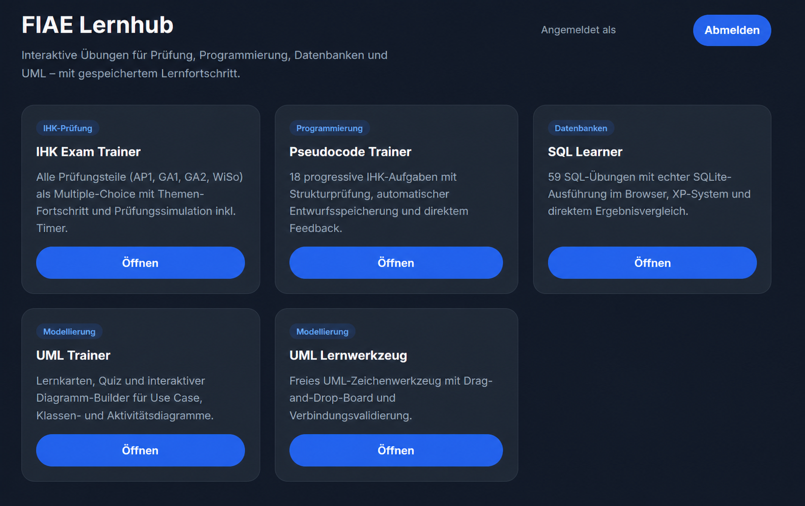 FIAE Lernhub mit Prüfungstrainer, Pseudocode-, SQL- und UML-Lernmodulen
