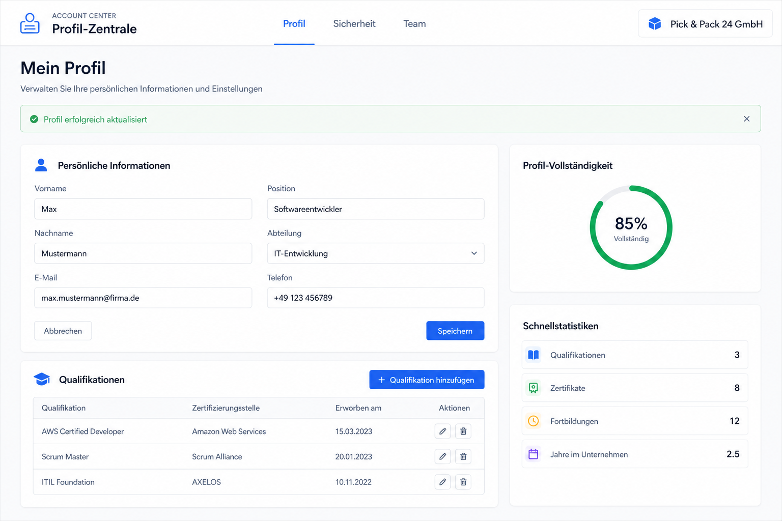 Self-Service Profil-Zentrale mit Profil-, Sicherheits- und Teamverwaltung